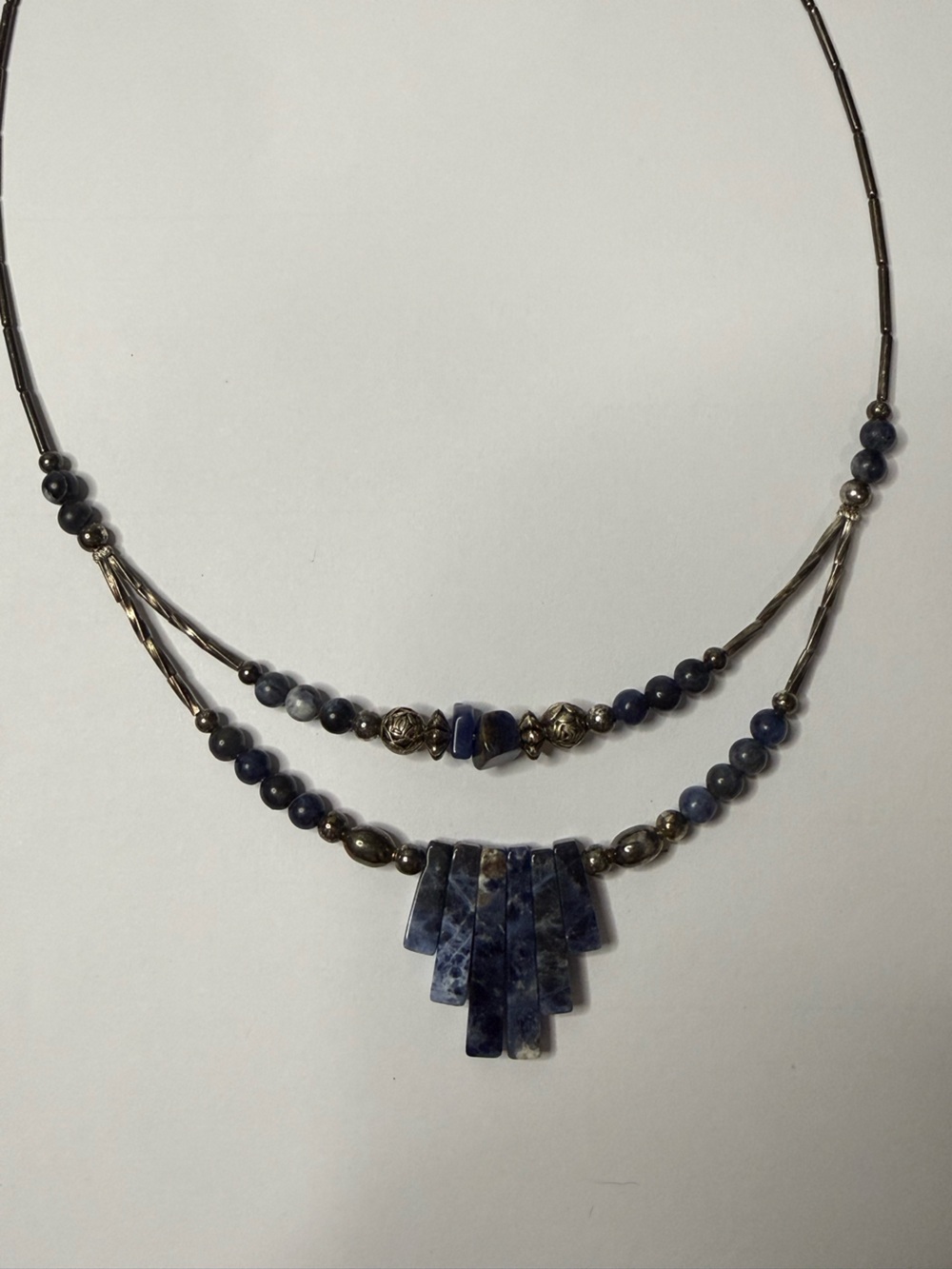 Blue Sodalite Multi-Strand Pendant Necklace with Silver Accents